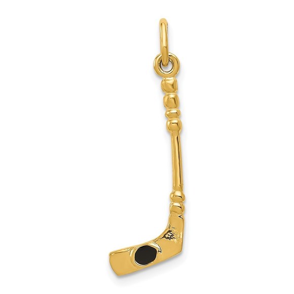 14k Yellow Gold Sports Theme Unisex 3D Hockey Stick With Enamel Charm Pendant